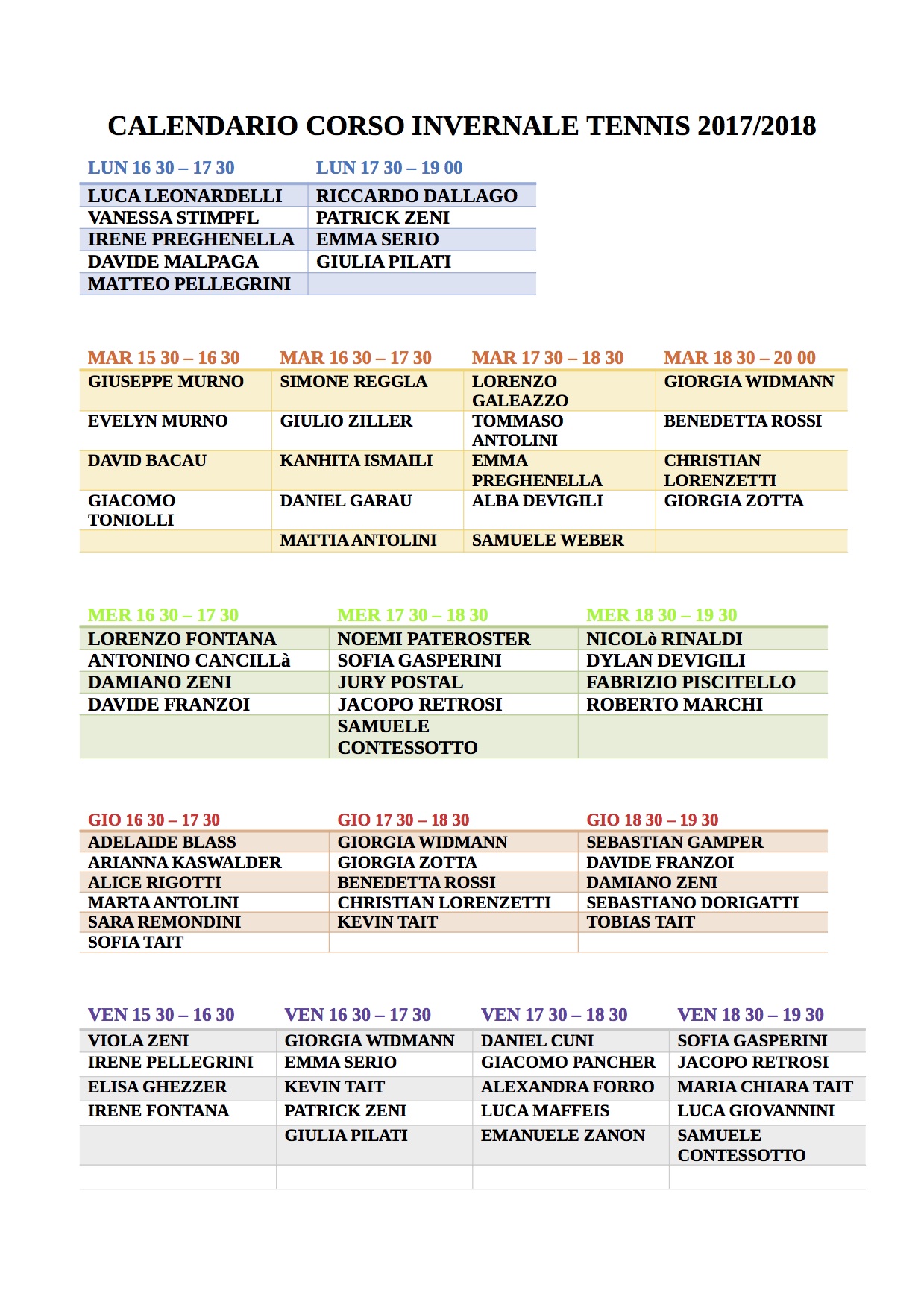 ORARIO LEZIONI RAGAZZI INVERNO 2018